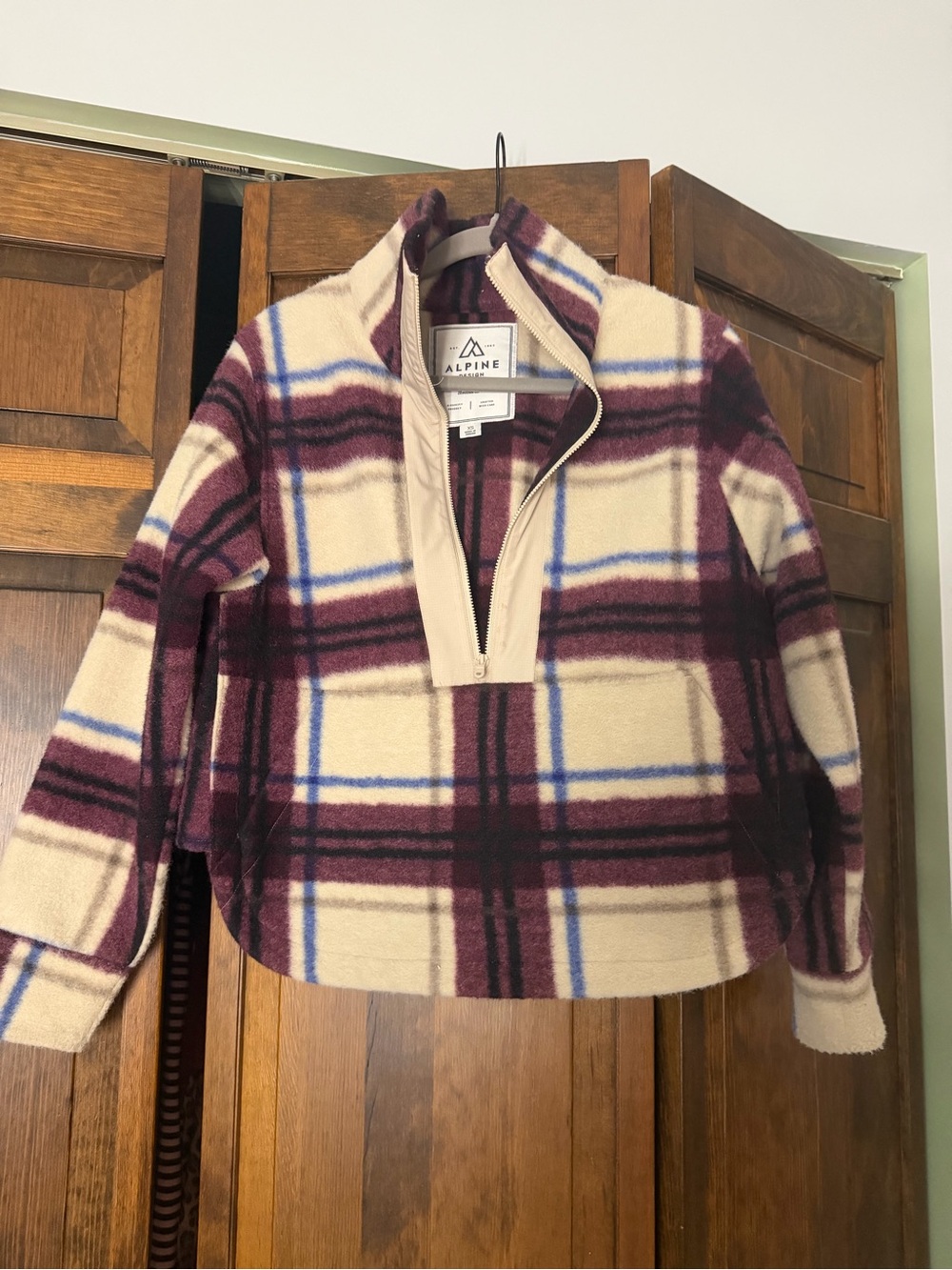 Alpine Cream & Burgundy Plaid Fleece Pullover Jacket